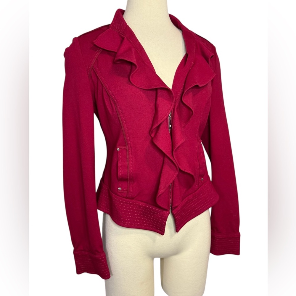 White House Black Market Women's Blazer Ruffle Front Full Zip Cranberry Sz 4